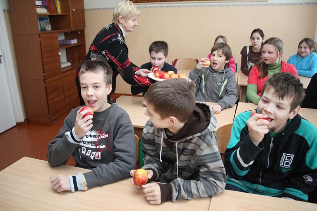 Gulbenes Bērzu sākumskolas 5.b klasei ābolus izdala viņu klases audzinātāja Ināra Aleksandrova. Skolēni atzīst, ka āboli ir garšīgi un saldi, un viņi labprāt tos ēd katru dienu.
Autors: Gatis Bogdanovs 