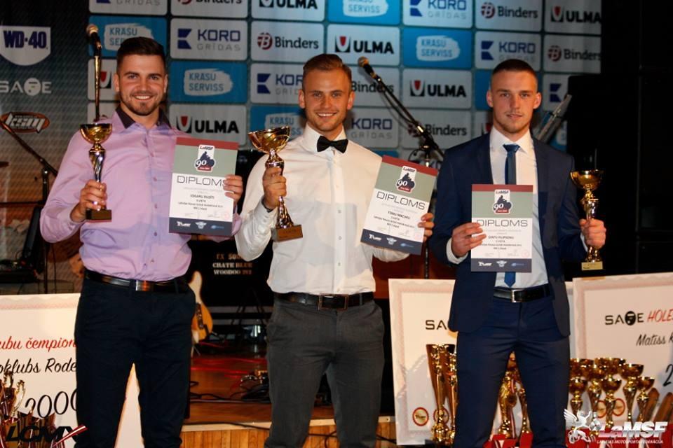  Edgars Rudītis MX1 klasē Latvijas kausa sezonas kopvērtējumā izcīnīja 3.vietu. Attēlā no kreisās - Edgars Rudītis, Toms Macuks, Gints Filipsons.
Autors: no www.lamsf.lv